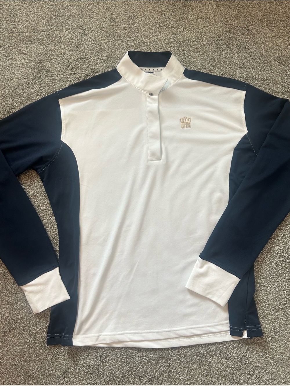 George H Morris GHM Equestrian Show Shirt Womens 40 US M Long Sleeve Navy White